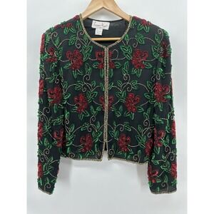 Vintage Laurence Kazar Sequin Beaded Silk Poinsettia Sz M Jacket Holiday AC24